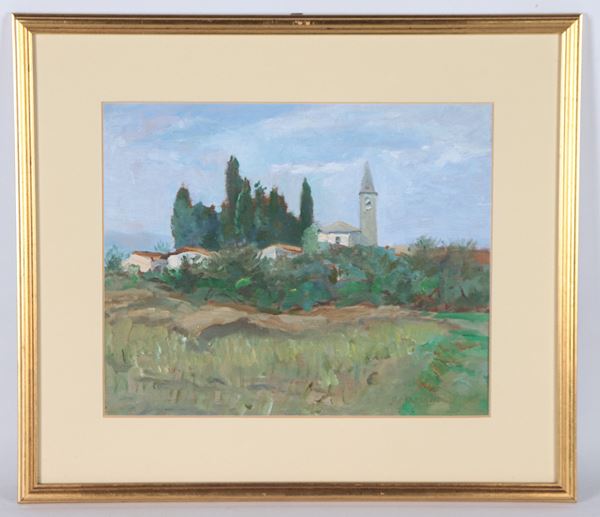 Valerio Mariani - Signed. "Country landscape with bell tower."