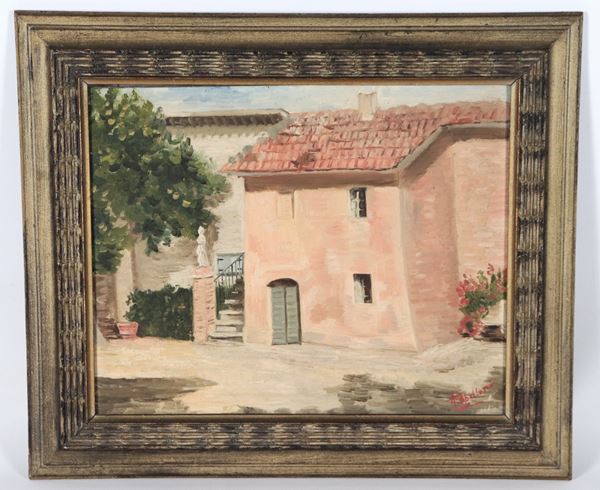 Adriana Apolloni (attiva a Roma XX Secolo) - Signed. "Farmhouse courtyard"