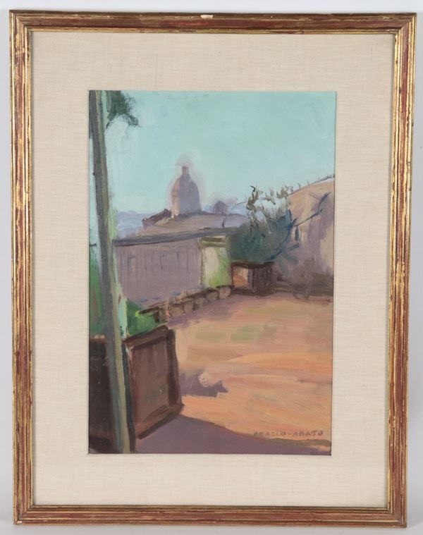 Orazio Amato - Signed. "View of Rome from the terrace."