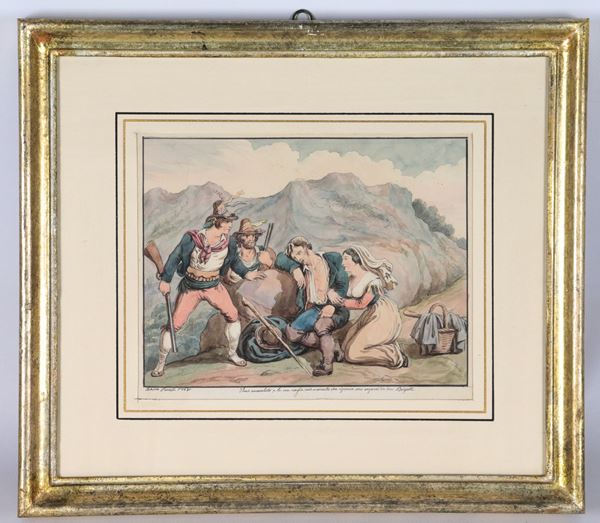 Achille Pinelli - Signed and dated 1830. "A sick man and his wife are surprised by two bandits while they are resting."