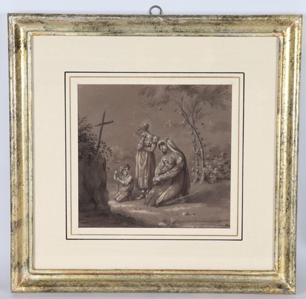 Bartolomeo Pinelli - "Ciociare with little children praying before the tomb"