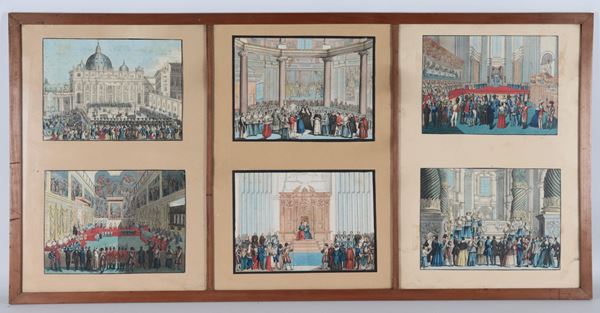 Lot of six ancient Roman watercolor drawings depicting "Ceremonies in St. Peter's Basilica"