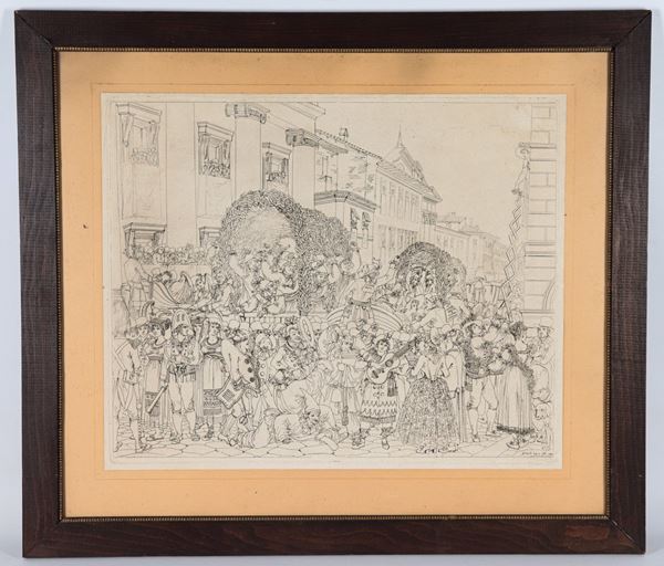 Bartolomeo Pinelli - Signed and dated 1821. "Carnival Floats of Rome on Via del Corso"