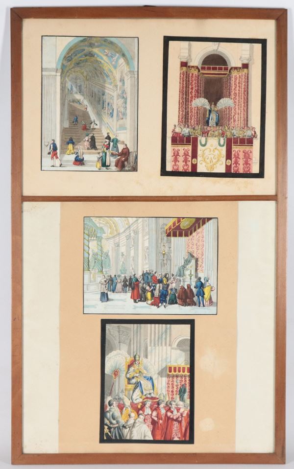 Lot of four ancient Roman watercolor drawings depicting "Ceremonies in St. Peter's Basilica"