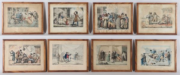 Vincenzo Gajassi - Lot of eight small antique watercolor engravings "Grotesque Scenes"