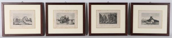 Lot of four small antique engravings depicting "Views of Vanished Rome"