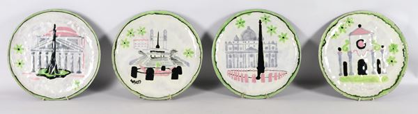 Lot of four glazed and enameled ceramic wall plates, with polychrome decorations depicting "Views of Rome"