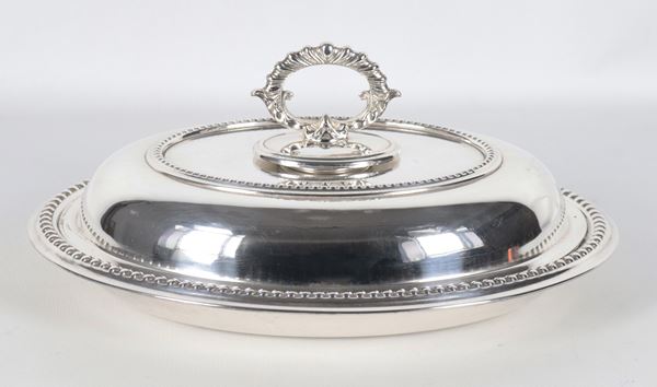 Antique oval Sheffield vegetable bowl with knob and embossed beaded edges