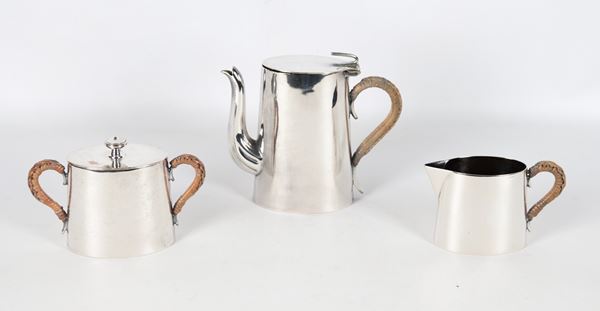 Liberty coffee set in silver metal with wicker-covered handles (3 pcs.)