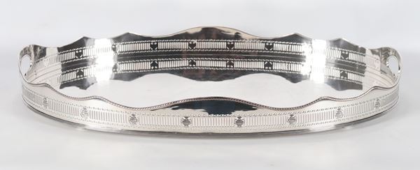 Antique large English oval tray in Sheffield, with pierced and shaped railing edge