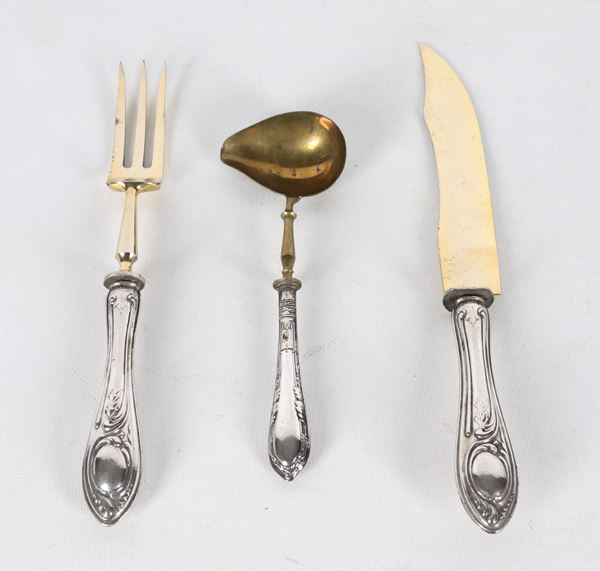Lot of three antique roasting cutlery pieces, with chiseled and embossed silver handles