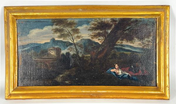 Scuola Emiliana Inizio XVIII Secolo - "Landscape with Venus and Mars, Tower and Bridge"
