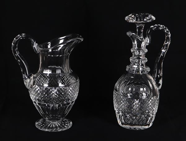 Brocca e bottiglia in cristallo lavorato a punta di diamante