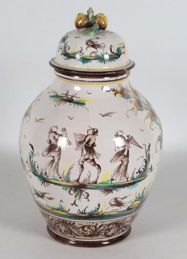 Antica piccola potiche in maiolica savonese di Albisola, decorata e variopinta con paesaggi e personaggi