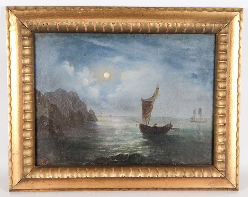 Firmato. "Marina notturna con barche e pescatore"