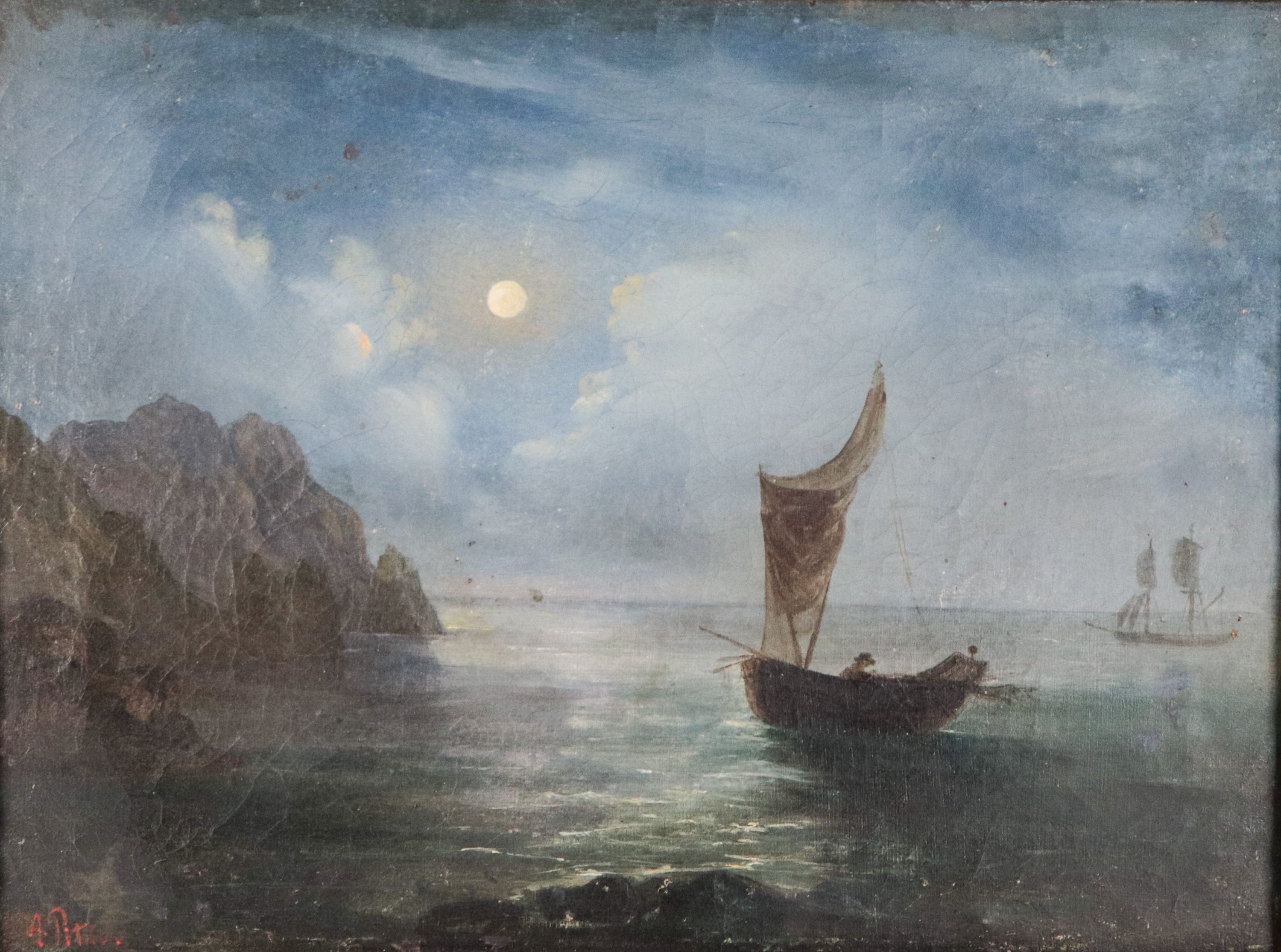 Firmato. "Marina notturna con barche e pescatore"