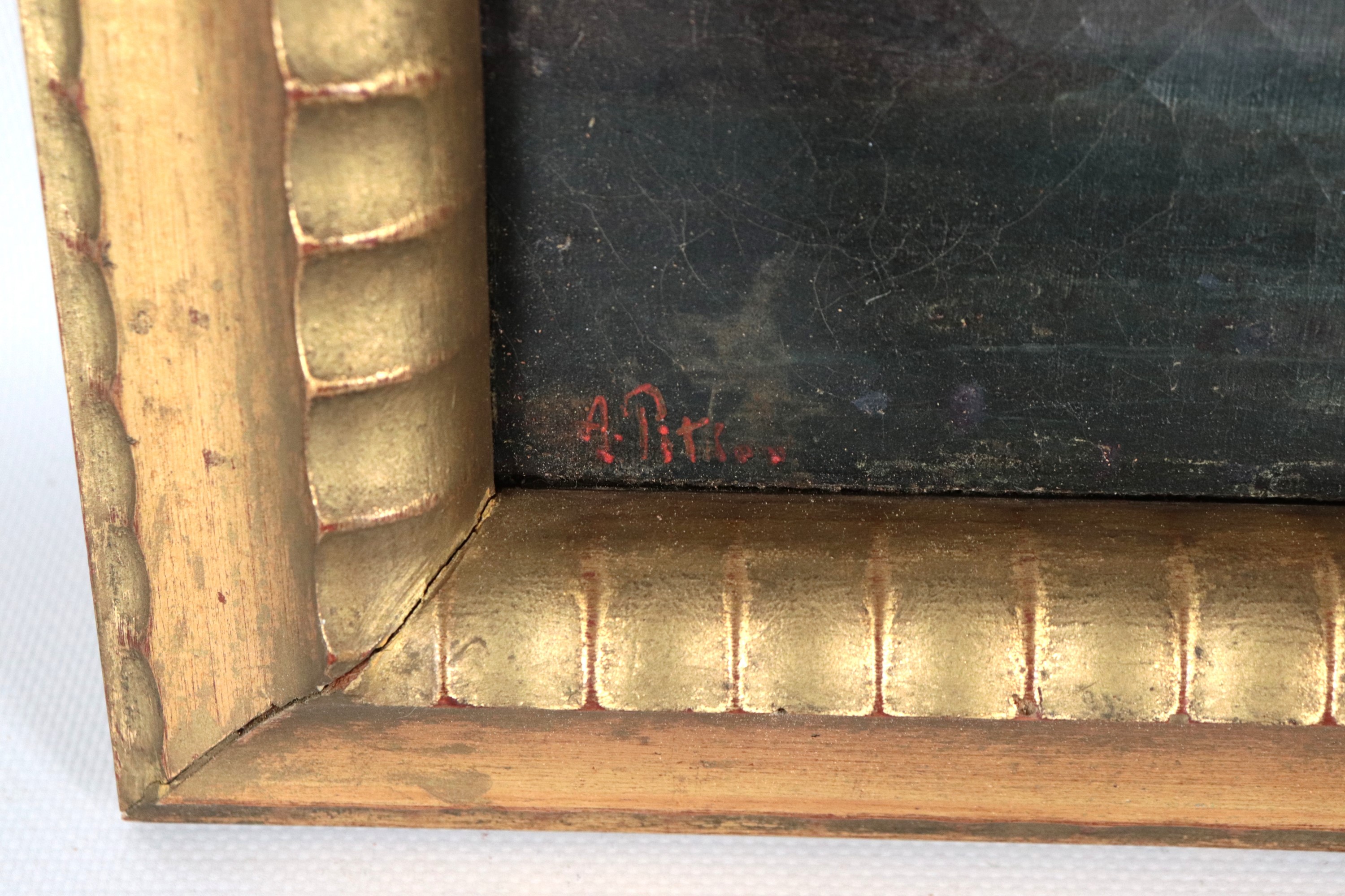 Firmato. "Marina notturna con barche e pescatore"