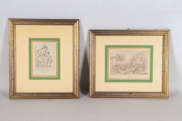 Lotto di due antiche piccole incisioni su carta "La manna" e "La Vergine con il Bambin Gesù"