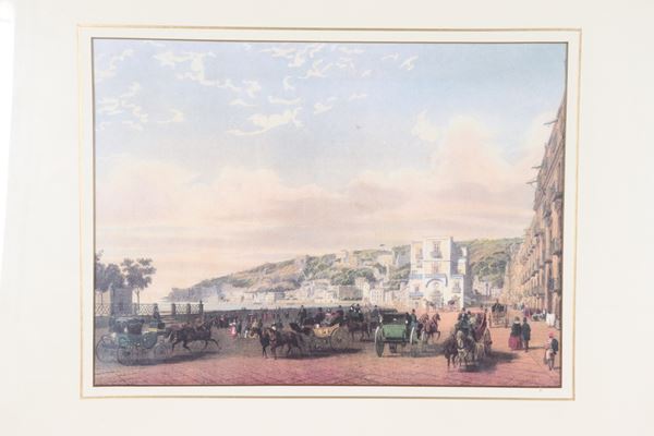 "Veduta di Napoli con il lungomare e carrozze"