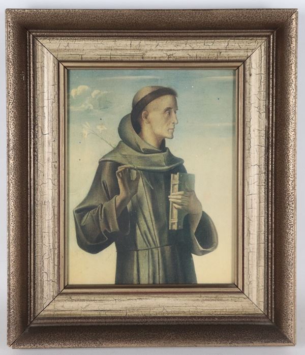 "Sant'Antonio da Padova", antica fotocromia su carta, tratta da un particolare della pala d'altare di Avise Vivarini