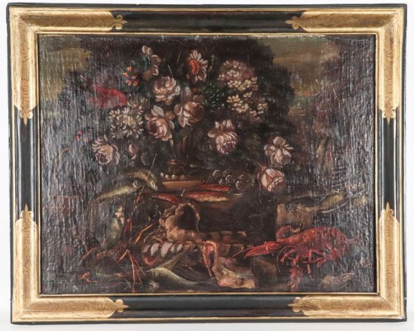 Scuola Napoletana XIX Secolo - "Natura morta di fiori, pesci e crostacei"