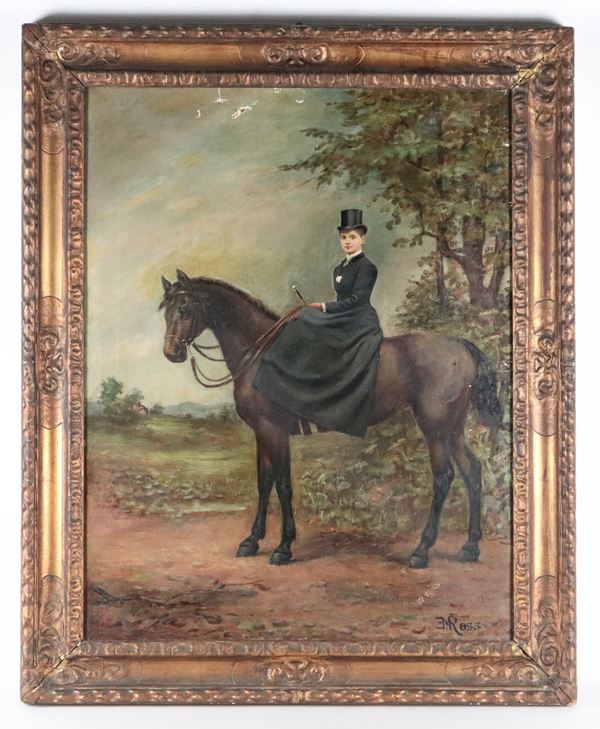 Pittore Inglese Seconda Metà XIX Secolo - Firmato. "Ritratto di giovane nobildonna a cavallo"