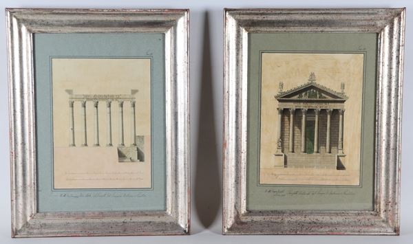 Siglati e datati 1831. "Stato attuale del prospetto del Tempio di Antonino e Faustina" e "Prospetto restaurato del Tempio di Antonino e Faustina"