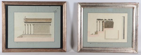 Firmati e datati 1831. "Stato attuale del fianco del Tempio di Antonino e Faustina" e "Fianco restaurato del Tempio di Antonino e Faustina"