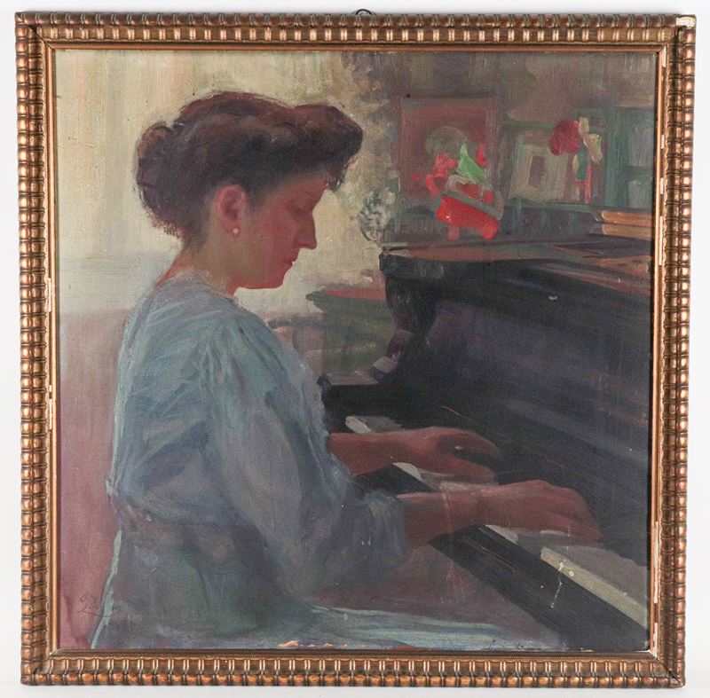 Firmato e datato 1909. "Ragazza al pianoforte"