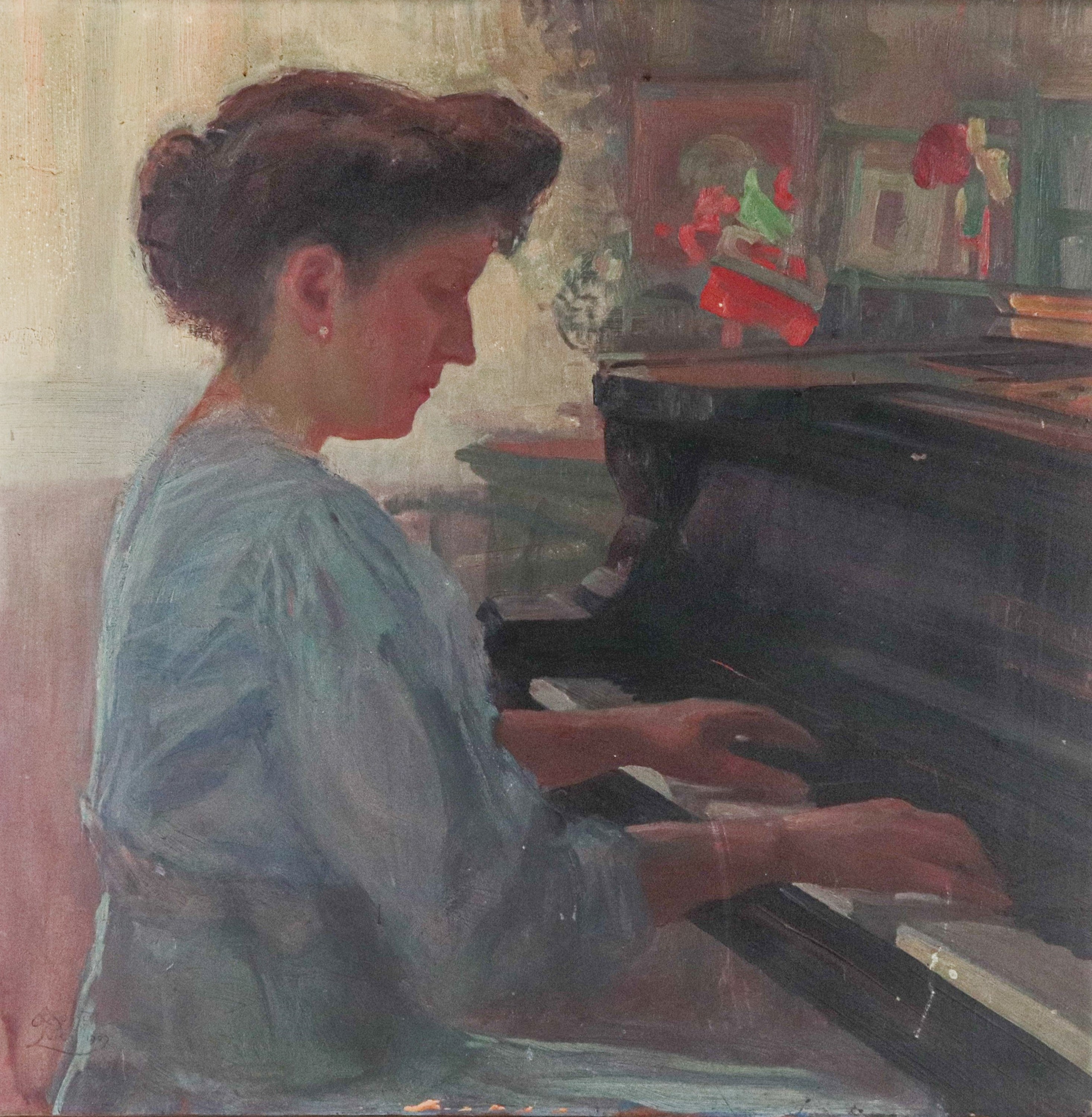 Firmato e datato 1909. "Ragazza al pianoforte"