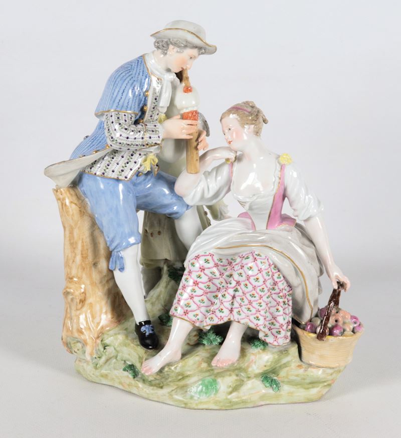 "Scena allegorica pastorale", antico gruppo in porcellana policroma Meissen, Periodo Marcolini
