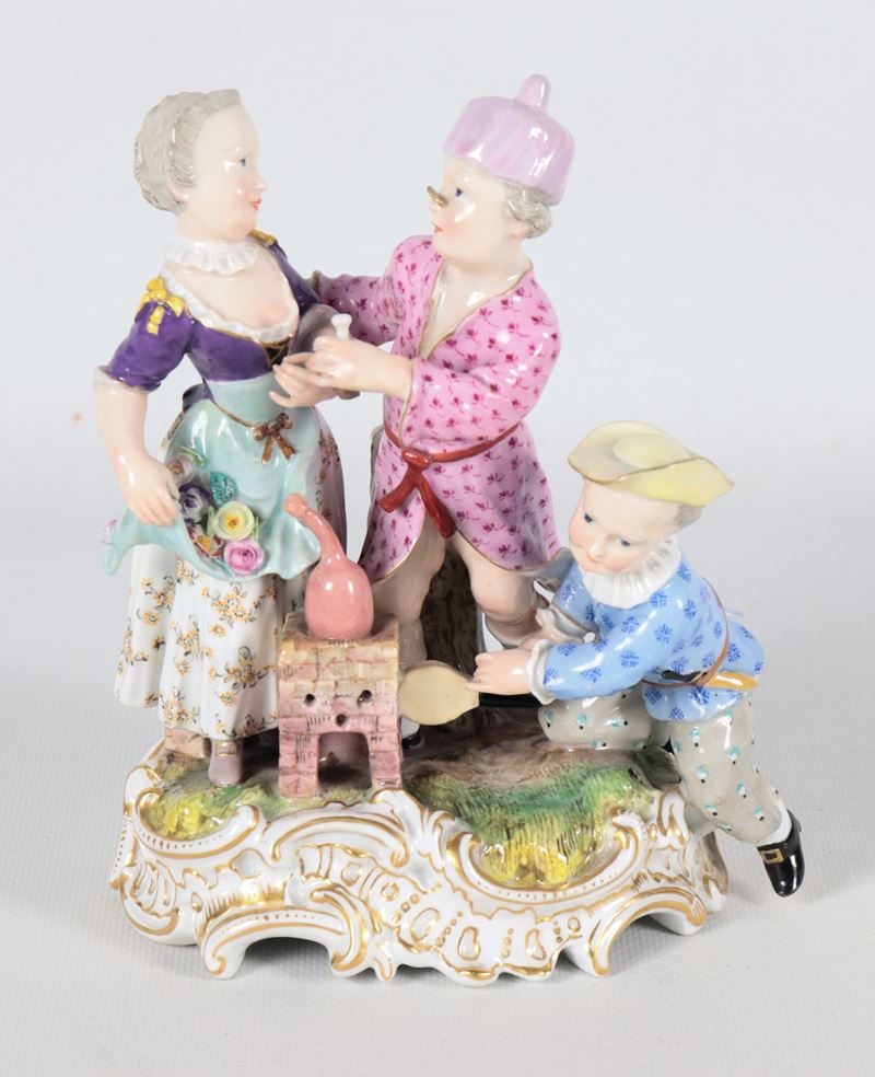 "Giochi di bambini", antico piccolo gruppo in porcellana policroma Meissen