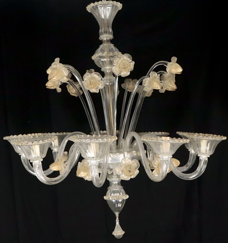 Lampadario in vetro soffiato di Murano color lattimo, nove luci