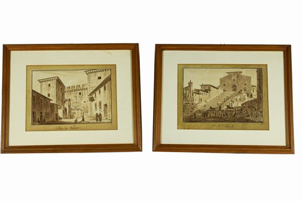 Pair of Drawings &quot;Views of the Ara Coeli and Vatican Gate&quot;