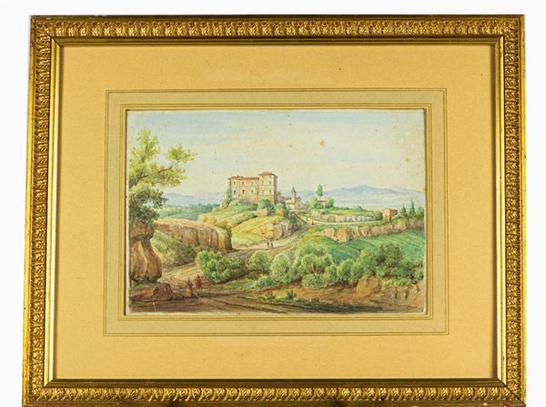 Pittore Romano XIX Secolo - &quot;View of the Lazio countryside with castle and wayfarers&quot;