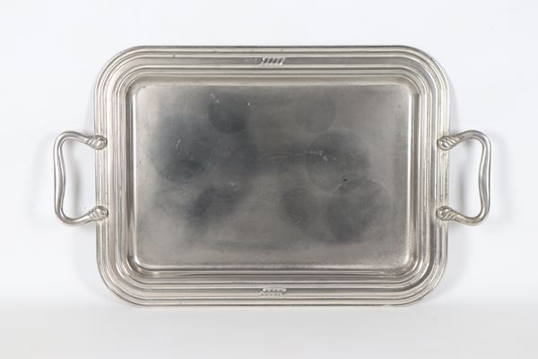 Vassoio da portata rettangolare in metallo argentato con due manici