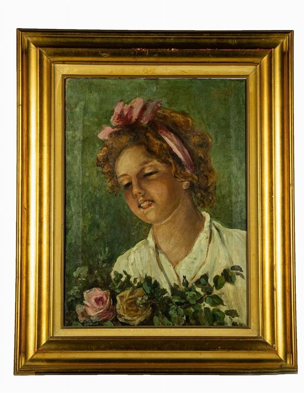 Pittore Napoletano XIX Secolo - &quot;Young girl with bunch of roses&quot;