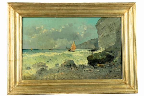 Ludovico Cavaleri - &quot;Stormy sea with boats&quot;. Signed.