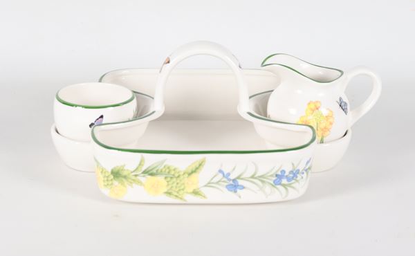 Set da colazione in ceramica bianca smaltata con decori policromi di fiori e farfalle (3 pz.)
