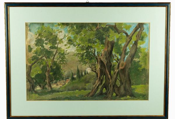 Pittore Italiano XIX Secolo - &quot;Landscape with forest&quot;. Signed.