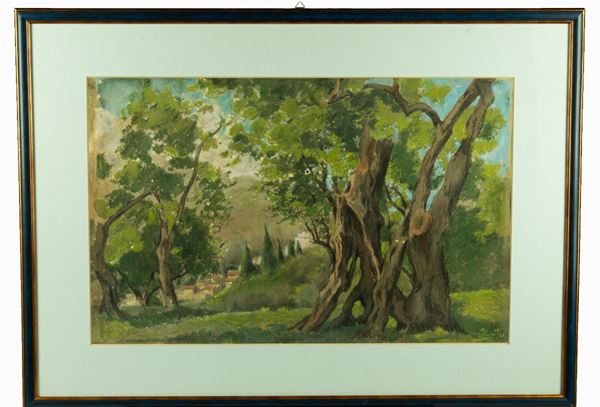 Pittore Italiano XIX Secolo - &quot;Landscape with forest&quot;. Signed.