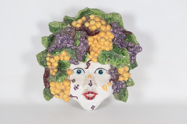 "Bacco", mascherone in terracotta porcellanata, smaltata e policroma