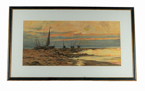 Pittore Italiano XIX Secolo - &quot;Marina with boats aground on the beach&quot;