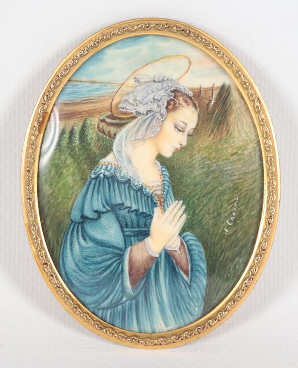 "Madonnina in preghiera", miniatura ovale dipinta in cornicetta dorata