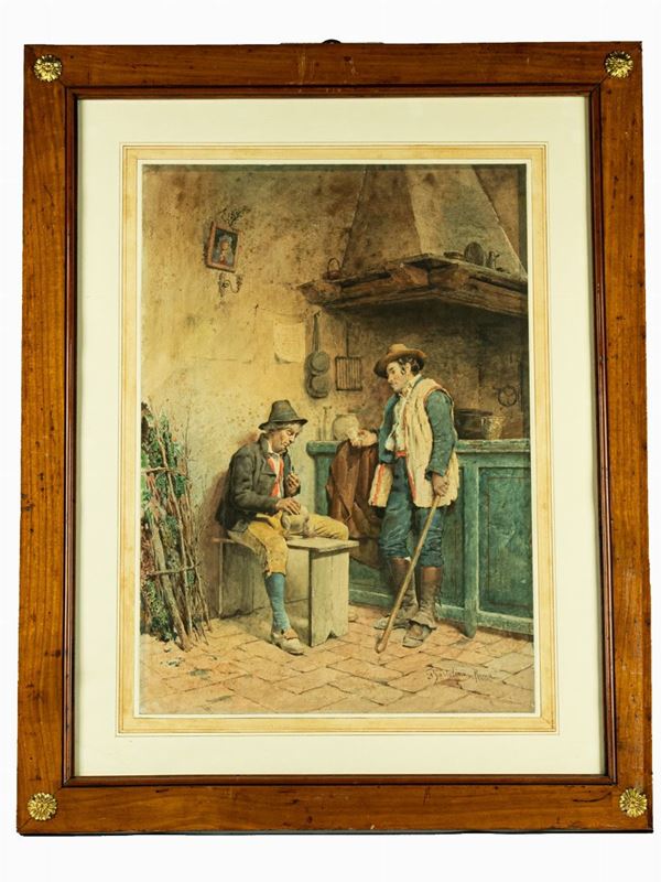 Filippo Bartolini -  &quot;Inn interior with shepherd and drinker&quot;. Signed and registered in Rome.