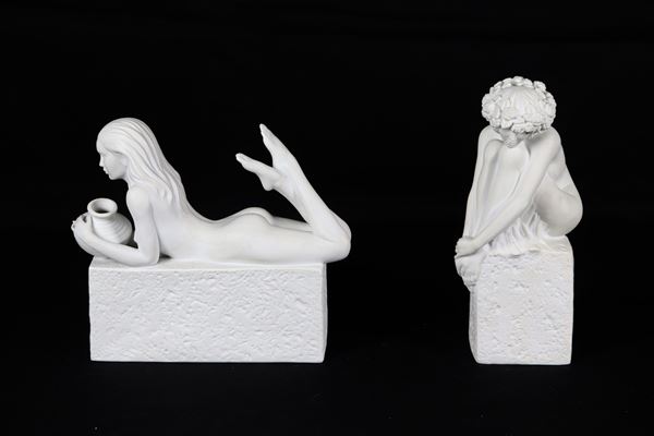 Lotto di due piccole sculture in porcellana bianca Royal Copenhagen della Serie Christel Zodiaci, raff.nti i segni zodiacali dell'Acquario e della Vergine 