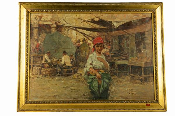 Pittore Veneto Fine XIX Secolo - &quot;Market view with a girl&quot;