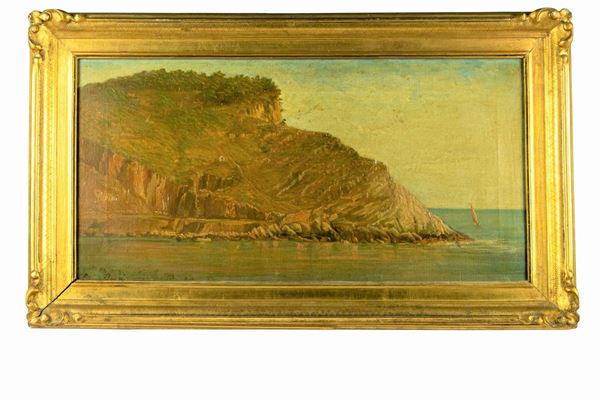 Pittore Francese XIX Secolo - &quot;Marina con veduta della Costa Provenzale&quot;. Firmato 