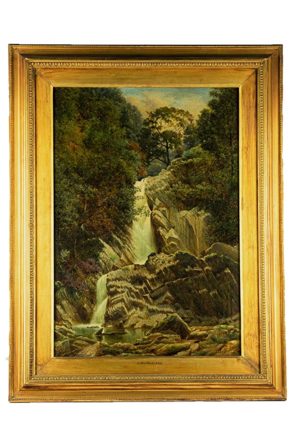  &quot;Landscape with waterfall&quot;. Signed