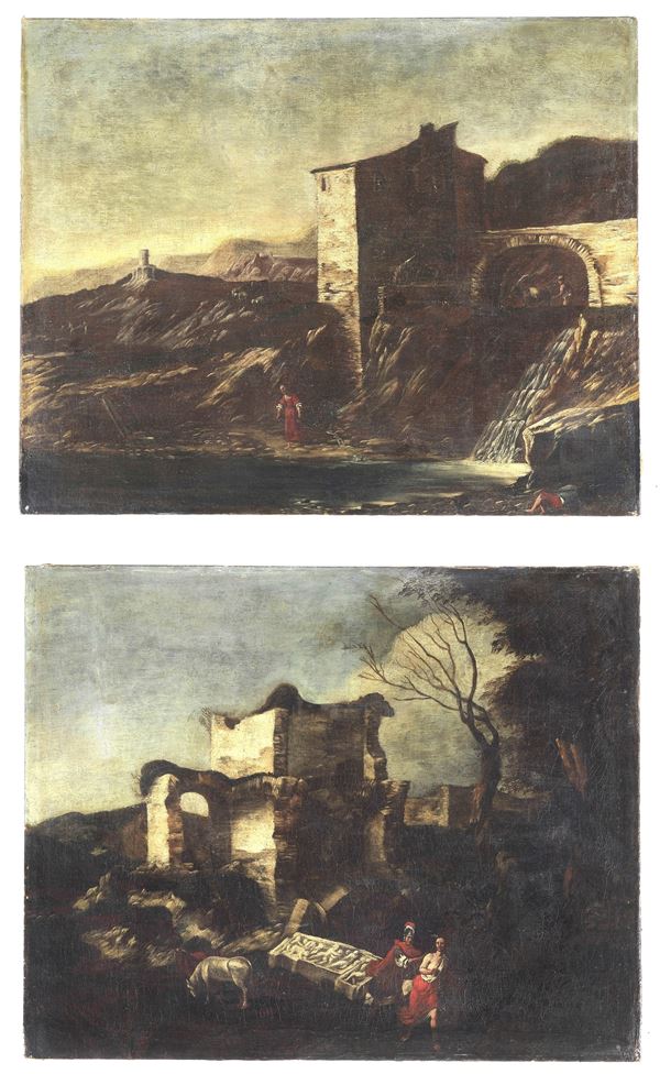 Antonio Travi - Cerchia di. "Paesaggi con rovine, pastori e viandanti"